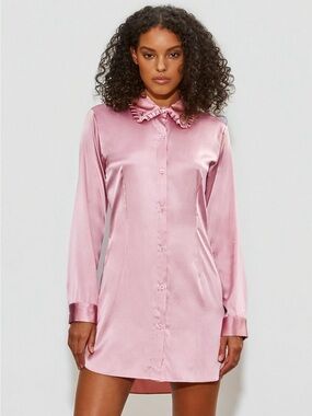 Fleur du Mal Pink 100% Silk Ruffle Collar Button Down Shirt Dress Size 2